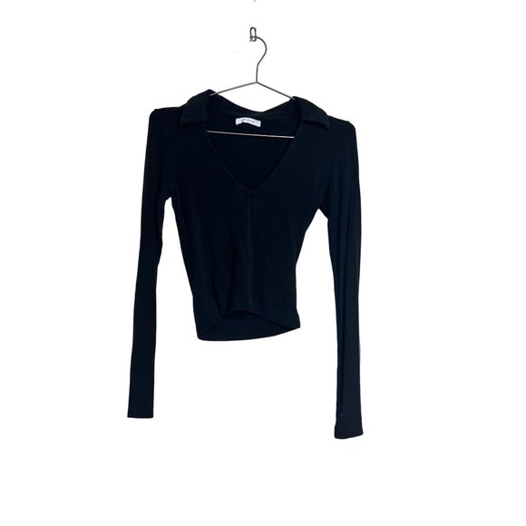 Ninety Percent Shirt Womens XS Black Long Sleeve Fitted Deep VNeck Blouse Casual - Picture 2 of 6